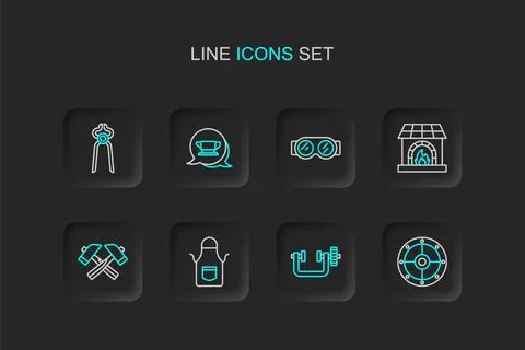 Set line Round shield, Clamp and screw tool, Blacksmith apron, Crossed hamm.. Ilustração Stock