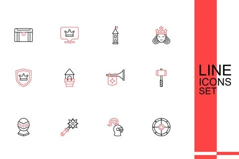 Set line Round shield Medieval helmet Mace with spikes Battle hammer Trumpet  Ilustración de archivo