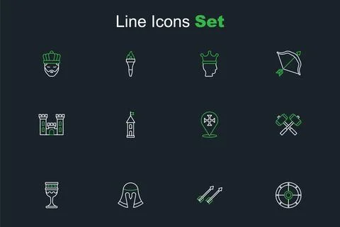 Set line Round shield, Medieval arrows, helmet, goblet, Crossed battle hamm.. Ilustración de archivo