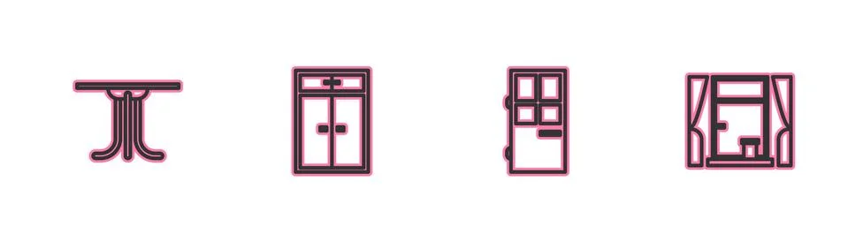Set line Round table, Closed door, Wardrobe and Window with curtains icon Stock Illustration