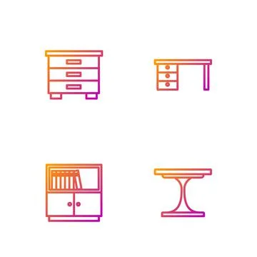 Set line Round table, Library bookshelf, Furniture nightstand and Office desk Illustrazione stock