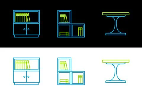 Set line Round table, Library bookshelf and Shelf with icon. Vector Stock Illustration
