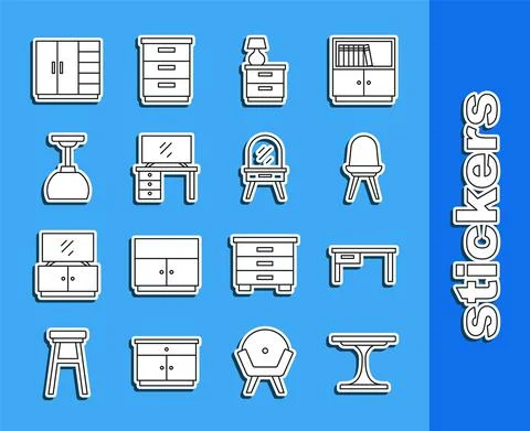 Set line Round table, Office desk, Chair, Furniture nightstand with lamp, TV Stock Illustration