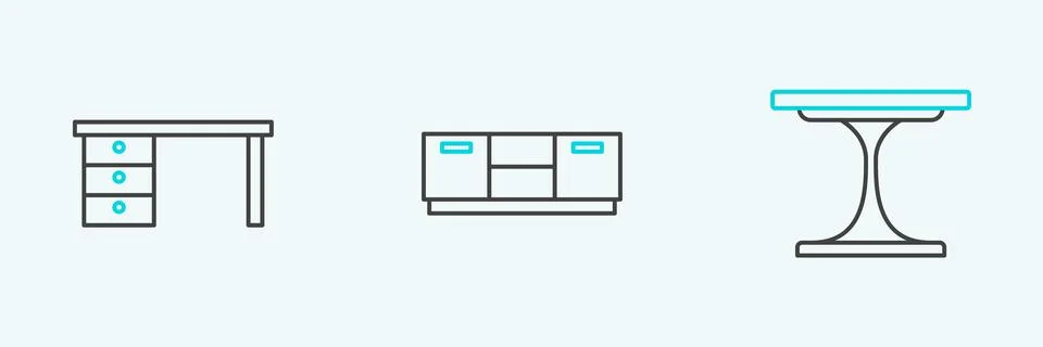 Set line Round table, Office desk and Furniture nightstand icon. Vector Stock Illustration