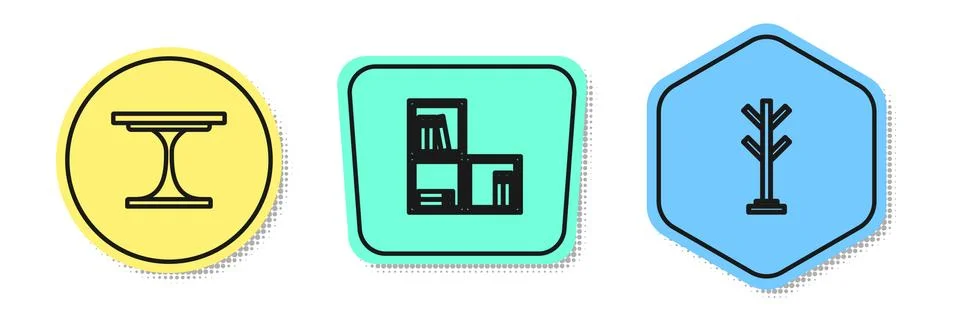 Set line Round table, Shelf with books and Coat stand. Colored shapes. Vector Illustrazione stock
