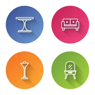 Set line Round table, Sofa, Floor lamp and Dressing. Color circle button. Vector Stockillustratie
