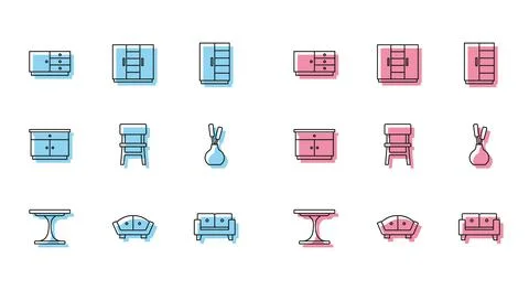 Set line Round table, Sofa, Chest drawers, Chair, Vase, Furniture nightstand and Stock Illustration