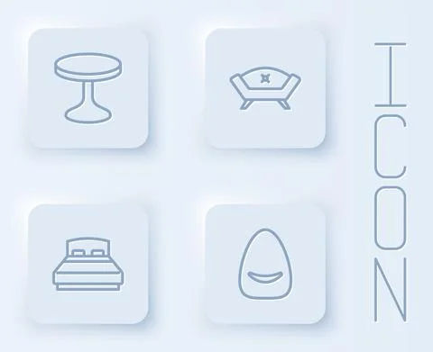 Set line Round table, Sofa, Big bed and Pouf. White square button. Vector Stock Illustration
