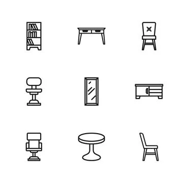 Set line Round table, TV stand, Chair, Big full length mirror, Library book.. Stock Illustration
