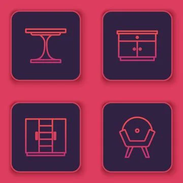 Set line Round table, Wardrobe, Furniture nightstand and Armchair. Blue square Stock Illustration