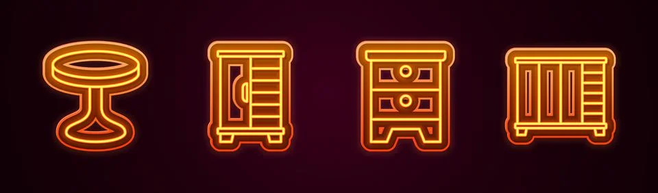 Set line Round table, Wardrobe, Furniture nightstand and . Glowing neon icon Stock Illustration
