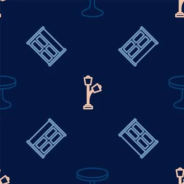 Set line Round table, Wardrobe and Floor lamp on seamless pattern. Vector Stock Illustration