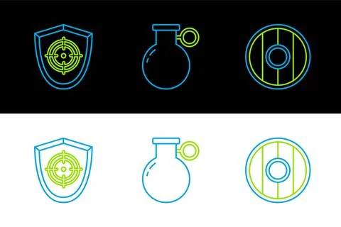 Set line Round wooden shield, Target sport and Hand grenade icon. Vector Stock Illustration