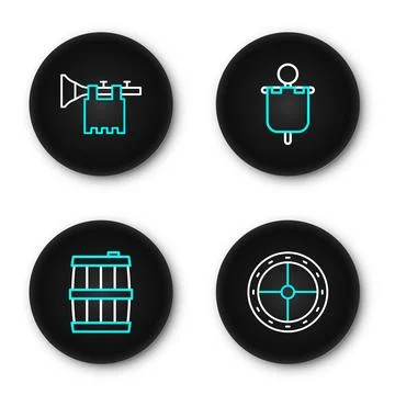 Set line Round wooden shield, Wooden barrel, Medieval flag and Trumpet with.. Stock Illustration