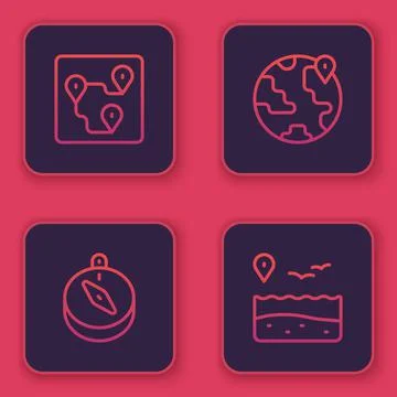 Set line Route location, Compass, Location the globe and with beach. Blue square Illustrazione stock
