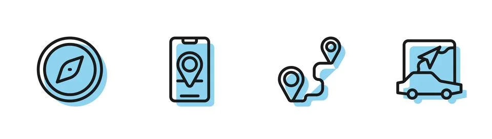 Set line Route location, Compass, City map navigation and icon. Vector Illustrazione stock