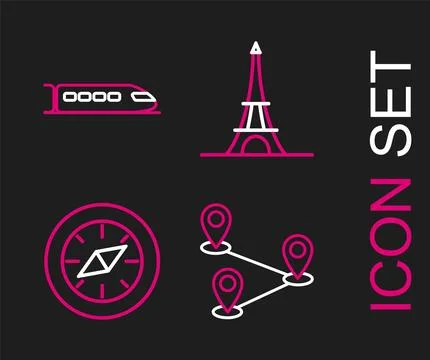 Set line Route location, Compass, Eiffel tower and Train icon. Vector Illustrazione stock