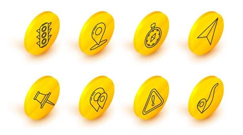 Set line Route location, Exclamation mark in triangle, Map pin, Push, Paper.. Stock Illustration