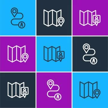 Set line Route location, Folded map with marker and  icon. Vector Stock Illustration