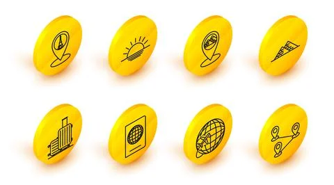 Set line Route location, Globe with flying plane, Passport biometric data, .. Illustrazione stock