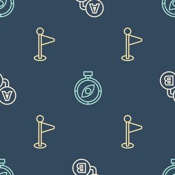 Set line Route location, Location marker and Compass on seamless pattern. Vector Stock Illustration