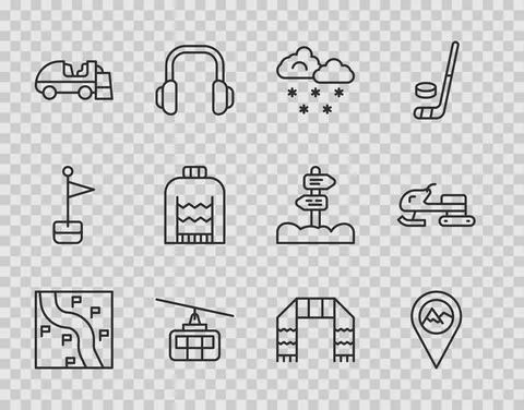 Set line Route location, Location with mountain, Cloud snow, Cable car, Ice Illustrazione stock
