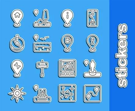 Set line Route location, Location and monument, Alcohol or beer bar, with i.. Stock Illustration