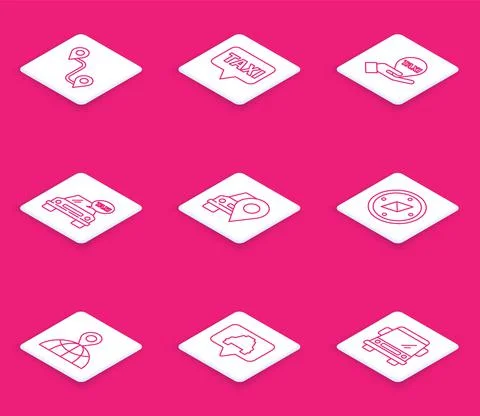 Set line Route location, Map pointer with taxi, Hand map, Taxi car, Compass 스톡 일러스트