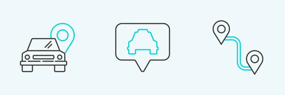 Set line Route location, Map pointer with taxi and icon. Vector Stock Illustration
