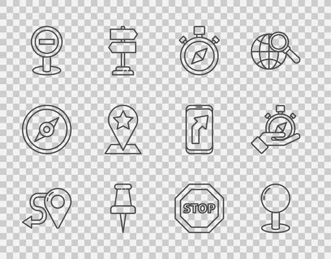 Set line Route location, Push pin, Compass, Stop sign, Map pointer with star Illustrazione stock