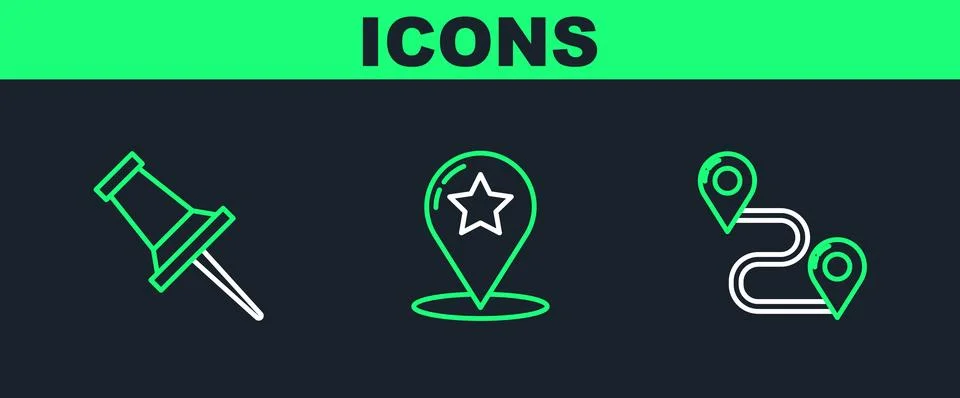 Set line Route location, Push pin and Map pointer with star icon. Vector Illustrazione stock