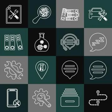 Set line Route location, Speech bubble chat, with snoring, Office folders, Test Stock Illustration