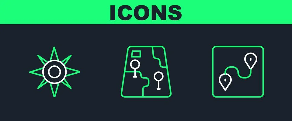 Set line Route location, Wind rose and City map navigation icon. Vector Illustrazione stock