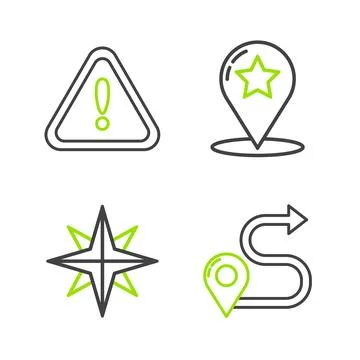 Set line Route location, Wind rose, Map pointer with star and Exclamation m.. Stock Illustration