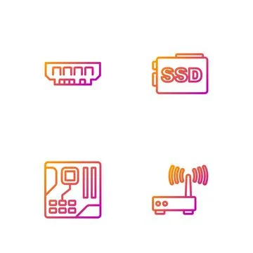 Set line Router and wi-fi signal, Motherboard digital chip, RAM, random access Illustrazione stock