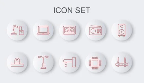 Set line Router and wi-fi signal, Security camera, Electrical outlet, Processor Illustrazione stock