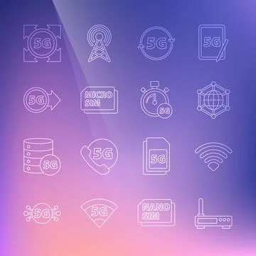 Set line Router and wi-fi signal, Wi-Fi wireless network, Social, 5G, Micro Sim Stock Illustration