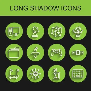 Set line Router and wi-fi signal, Social network, Computer monitor, Microscope Stock Illustration