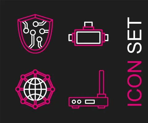 Set line Router and wi-fi signal, Global technology or social network, Virtual Illustrazione stock