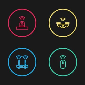 Set line Router and wi-fi signal, Wireless mouse, Smart drone and security Stock Illustration
