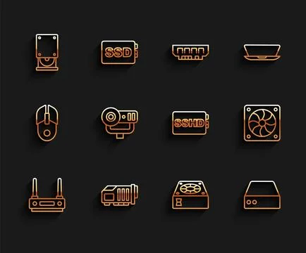 Set line Router and wi-fi signal, Video graphic card, Optical disc drive, Com Stockillustratie