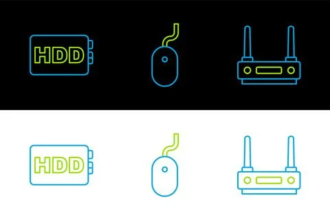 Set line Router and wi-fi signal, Hard disk drive HDD and Computer mouse icon Illustrazione stock