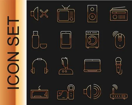 Set line Router and wi-fi signal, Microphone, Wireless computer mouse, Stereo Stock Illustration