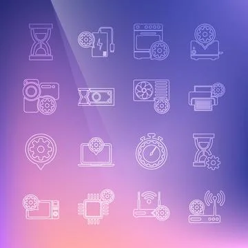 Set line Router and wi-fi setting, Hourglass, Printer, Oven, Fast payments,.. Stock Illustration