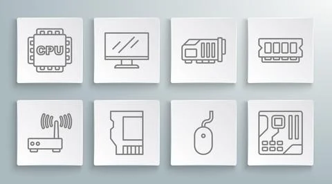 Set line Router and wi-fi signal, Computer monitor screen, SD card, mouse, .. Stock Illustration