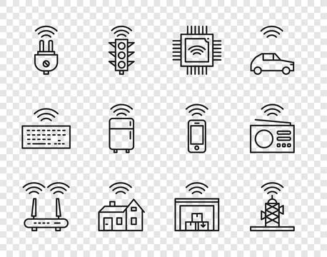 Set line Router and wi-fi signal, Wireless antenna, Processor with microcir.. Stock Illustration