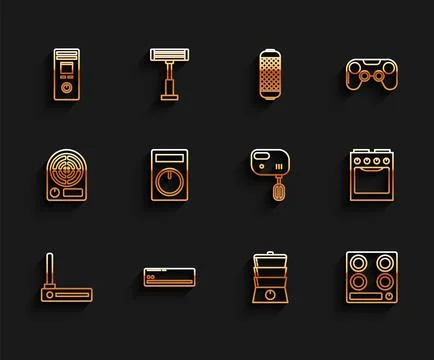 Set line Router and wi-fi signal, Air conditioner, Remote control, Double b.. Stock Illustration
