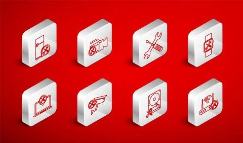 Set line Router wi-fi with service, Video camera, Crossed screwdriver and wrench Stock Illustration