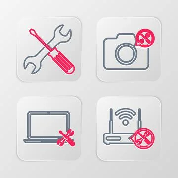 Set line Router wi-fi with service, Laptop, Photo camera and Crossed screwd.. Stock Illustration