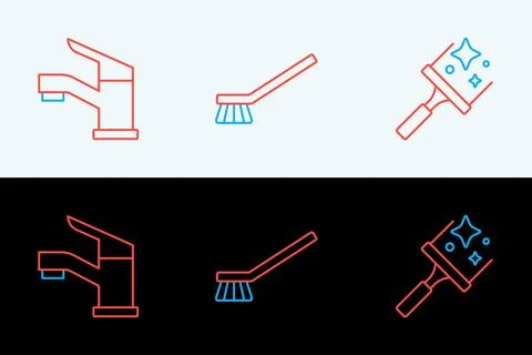 Set line Rubber cleaner for windows, Water tap and Brush cleaning icon. Vecto Ilustração Stock
